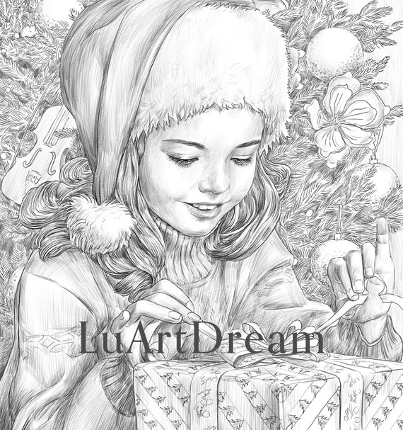 Christmas present coloring page digital download illustration pdf jpg grayscale coloring page for adults printable coloring