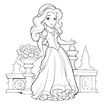 Premium vector beautiful princess in garden coloring pages drawing for kids