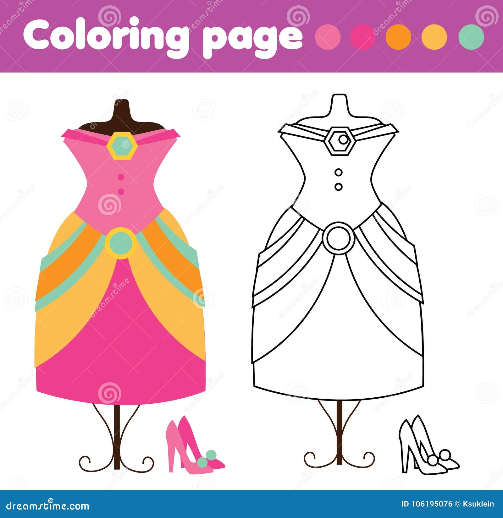 Coloring page with fashion dress and shoes drawing kids game printable activity stock vector