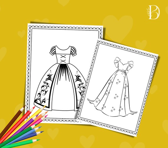 Princess dress coloring pages printable princess dress coloring pages for kids princess girls dress digital download dress download now