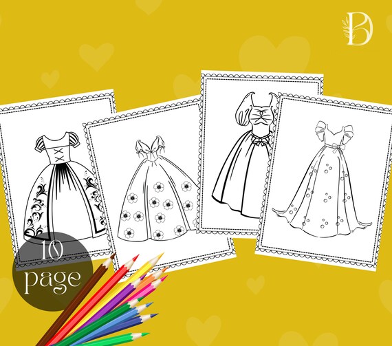 Princess dress coloring pages printable princess dress coloring pages for kids princess girls dress digital download dress download now