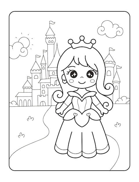 Premium vector beautiful princess with castle printable coloring page