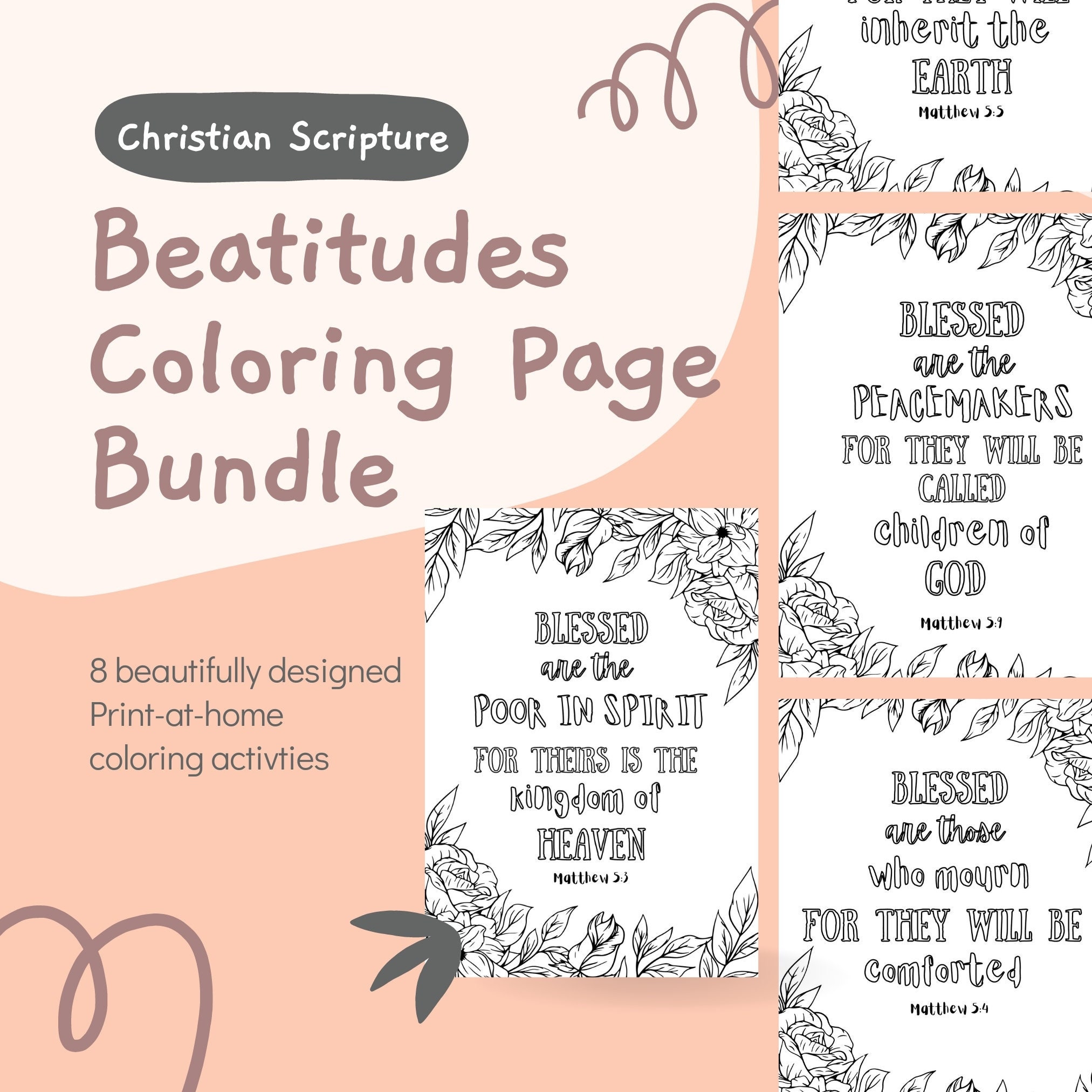 Beatitudes coloring page for adults and children printable scripture bible verse coloring page christian activity wall art