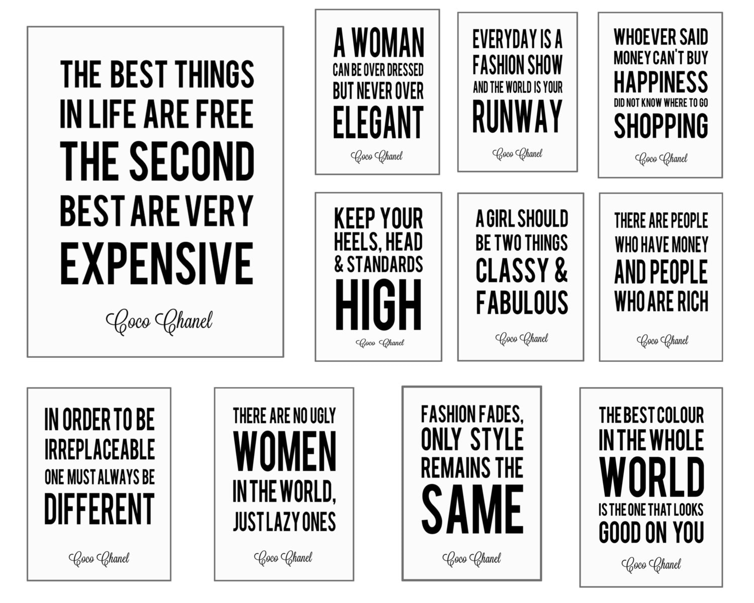 Set of coco chanel quote digital art printables you print x x x and x instant download