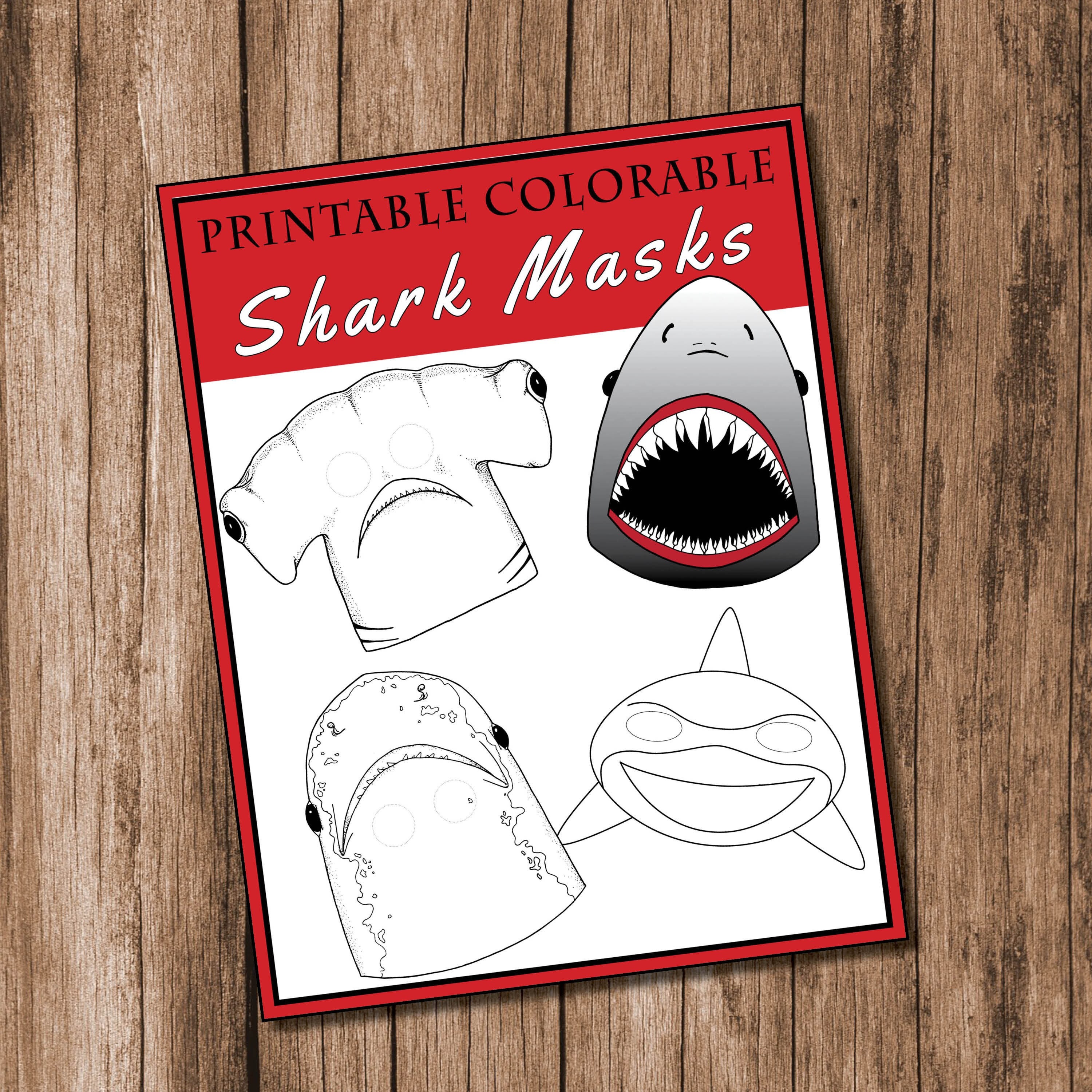 Printable shark masks halloween masks colorable masks shark party decor shark photo booth props