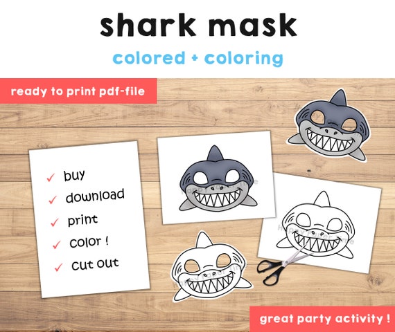 Shark mask template costume kids diy ocean sea animal party fun favor printable coloring easy craft kids instant download