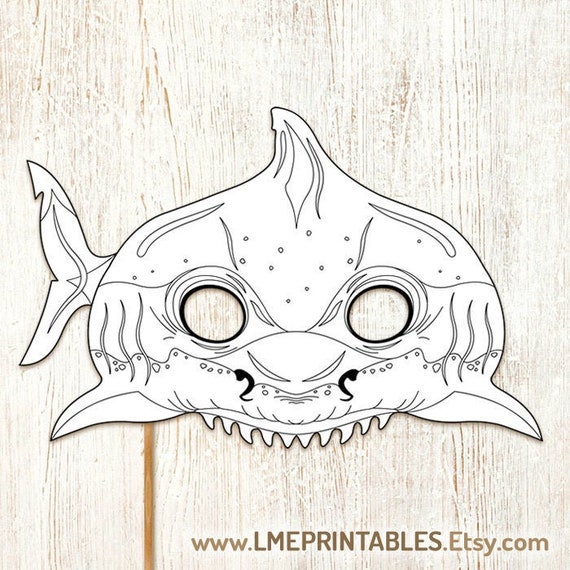 Shark coloring mask printable halloween fish costume pool party games favor pdf beach sea animals acuatic marine diy animal masks kid adult