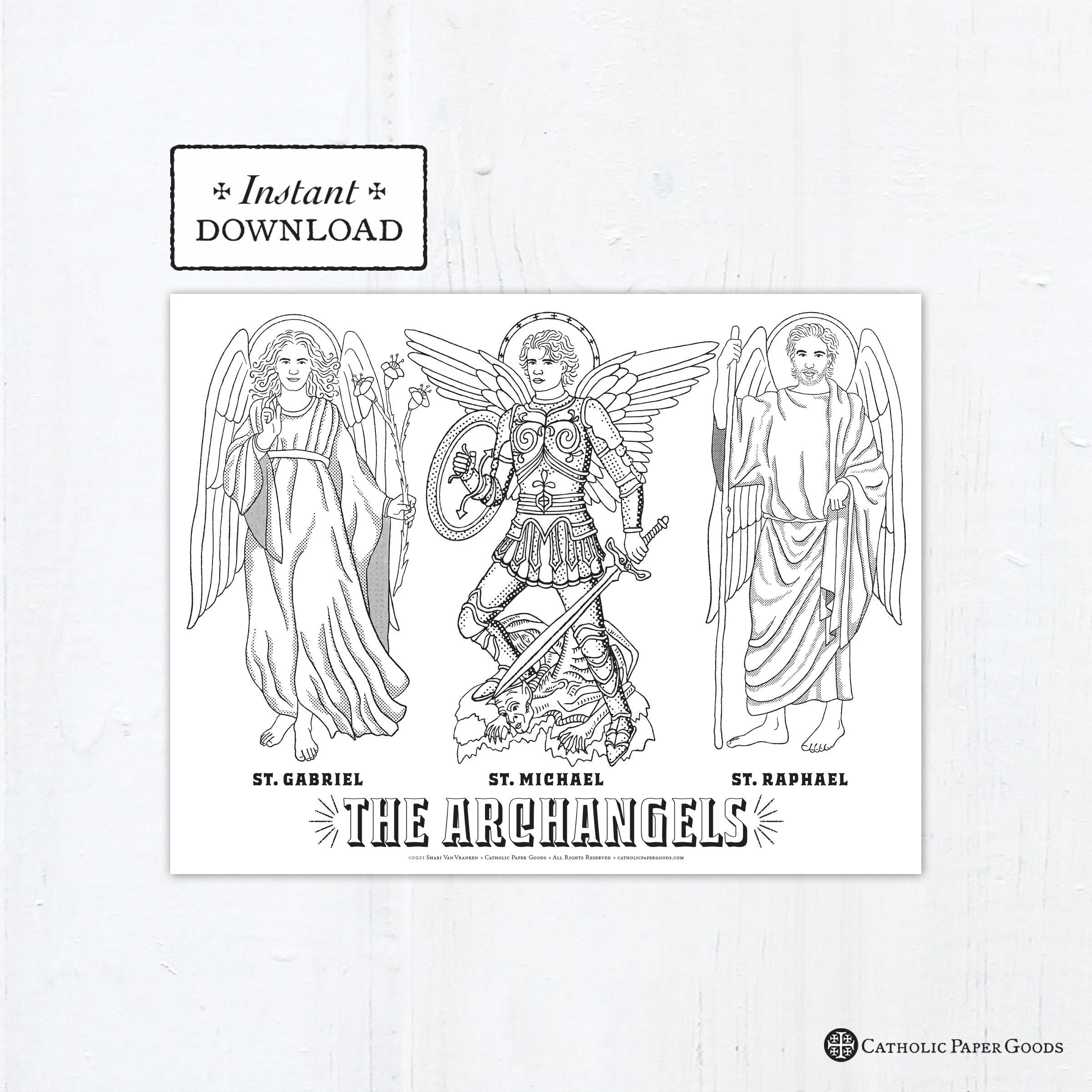 Archangels st michael st gabriel st raphael coloring page saints printable coloring page digital pdf archangels coloring page