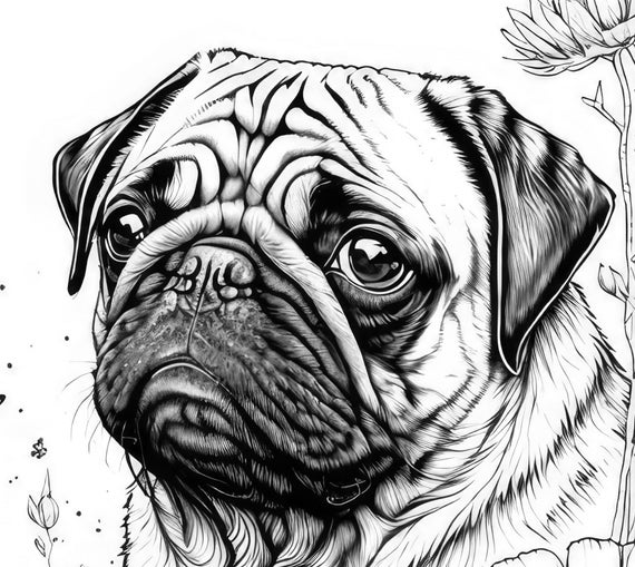 Pug coloring sheet ai generated coloring page of a pug dog with flowers instant download