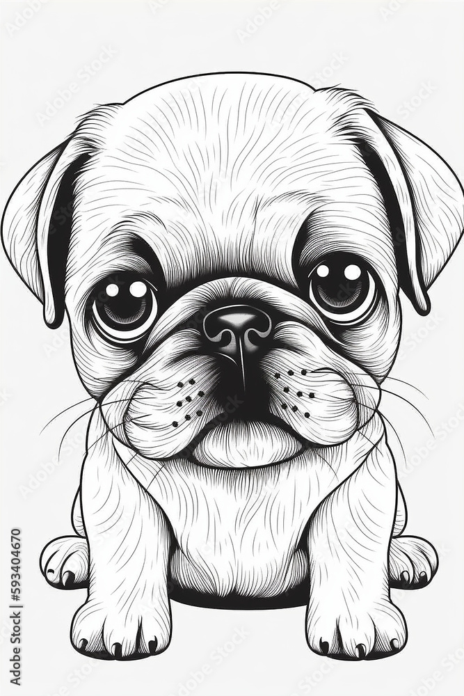 Cute pug puppy coloring pages a printable drawing in the style of realistic animal portraits simplified dog figures monochrome canvases ai vector illustration