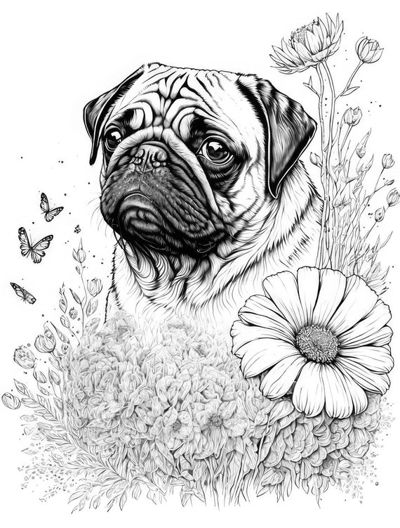 Pug coloring sheet ai generated coloring page of a pug dog with flowers instant download