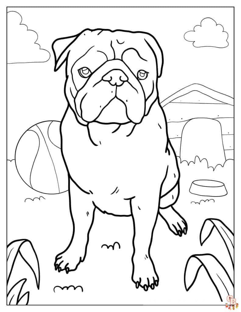 Enjoy fun and printable funny pug playing ball coloring pages