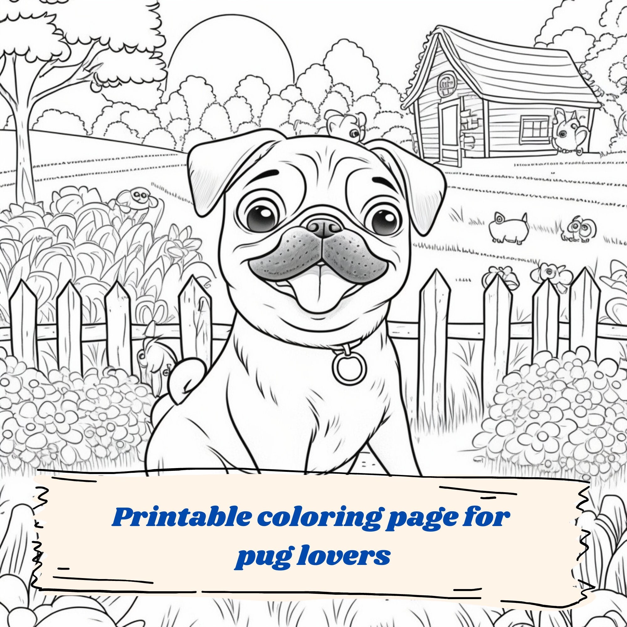 Cutest printable coloring page for pug lovers instant download dog coloring page for children and adults