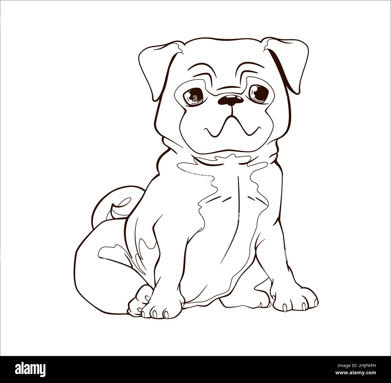 Coloring book little funny pug puppy with floppy ears sits on its hind legs vector illustration in cartoon style black and white line stock vector image art