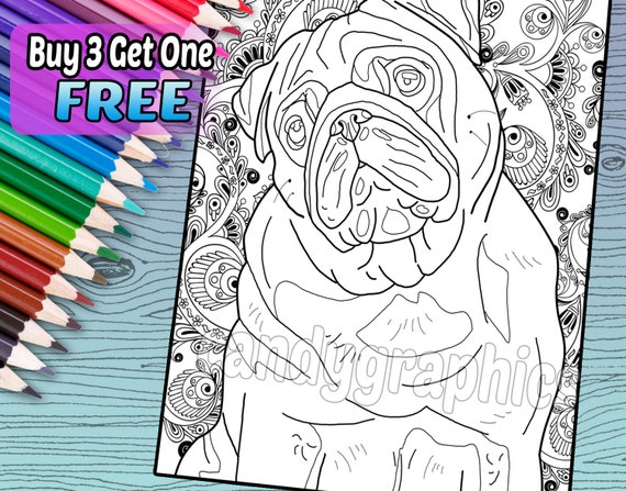 Precious pug adult coloring book page printable instant