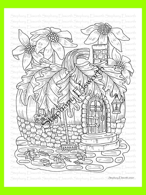 Pumpkin and fall leaves fairy house printable coloring page