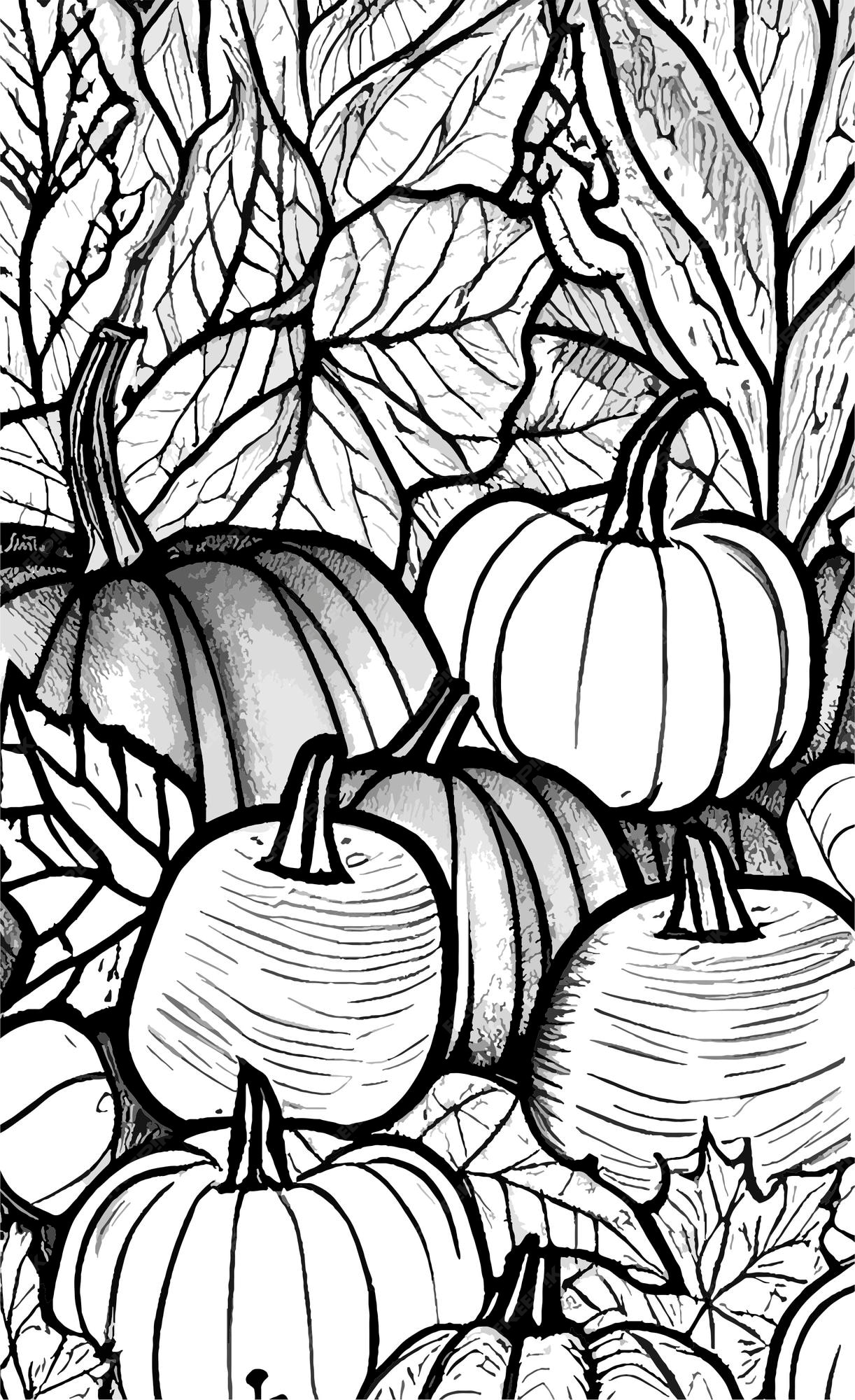 Premium vector fall coloring page pumpkins and fall leaves