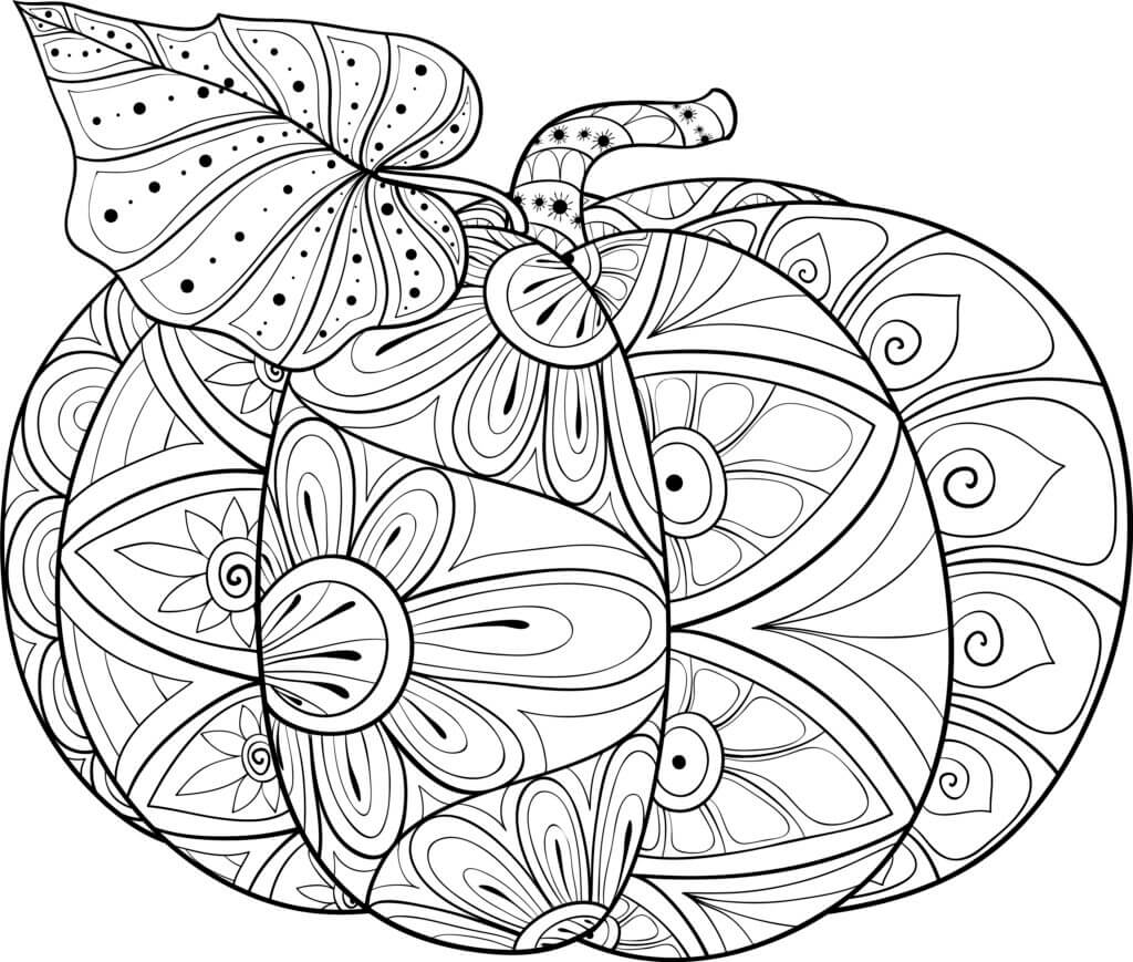 Pumpkin with leaf in halloween mandala coloring page