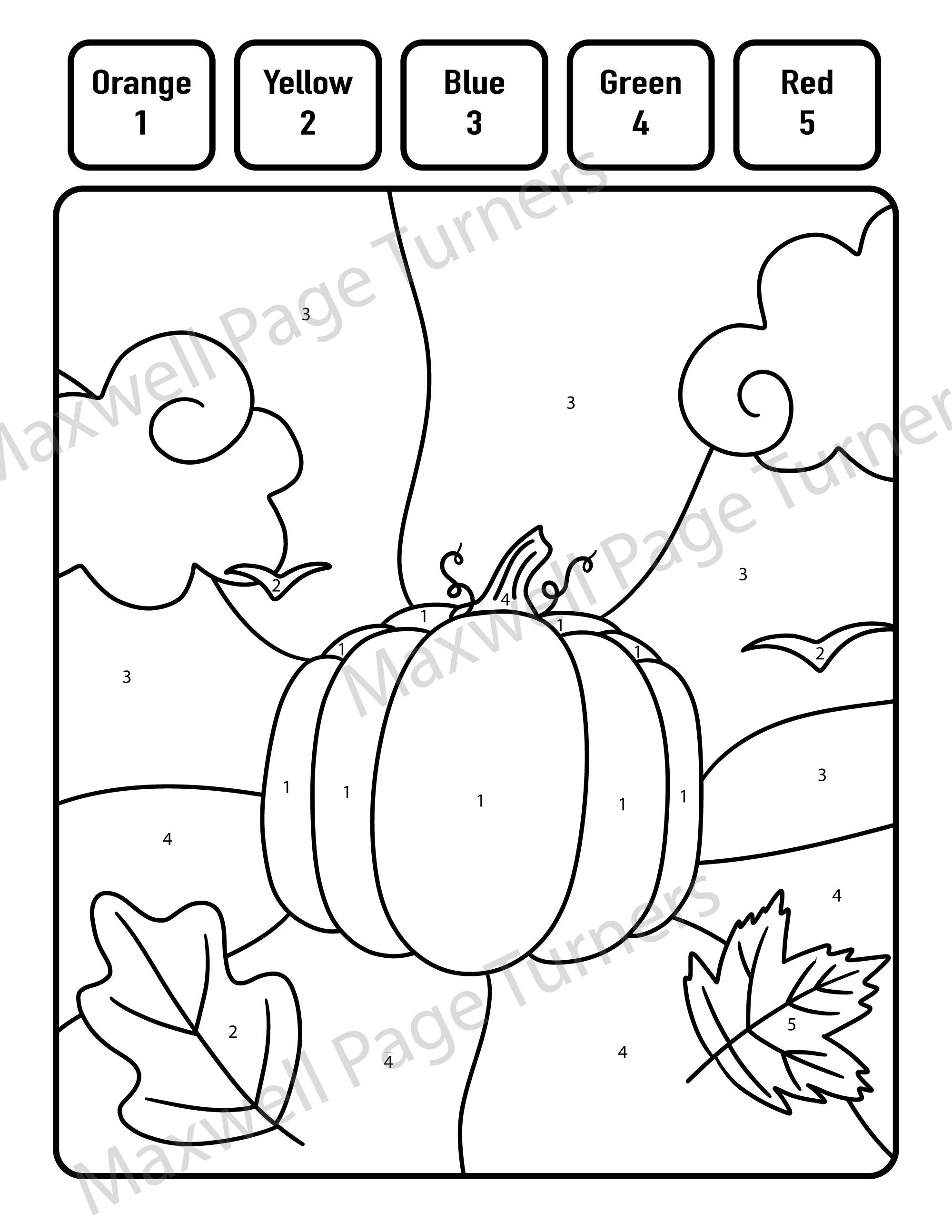 Pumpkin color by number paint by number educational digital printable coloring worksheet ages