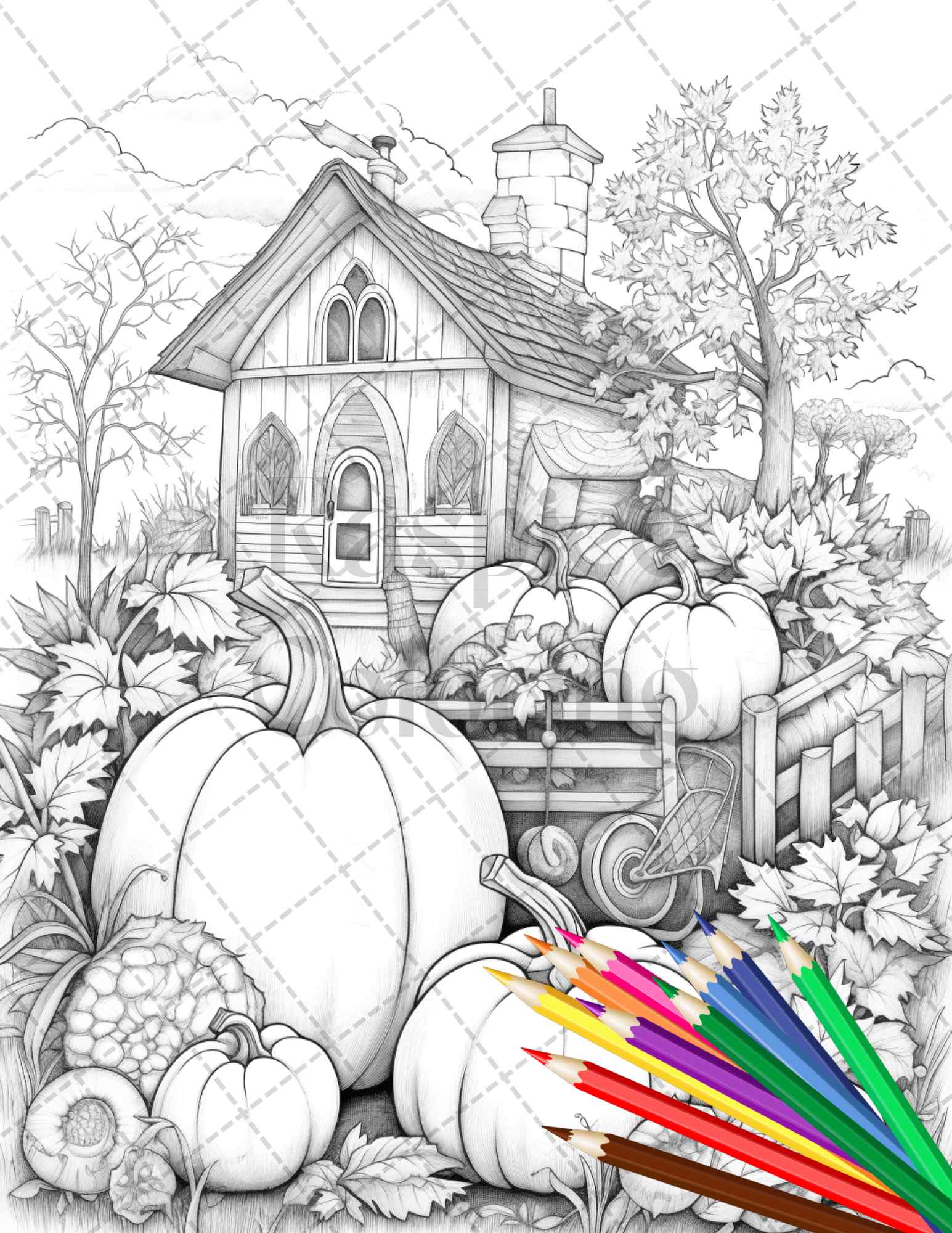 Pumpkin garden scenery grayscale coloring pages printable for adults â coloring