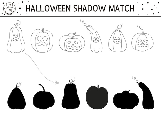 Premium vector halloween black and white shadow matching activity autumn outline puzzle or coloring page with jackolanterns game with scary pumpkins find correct silhouette printable worksheet xa