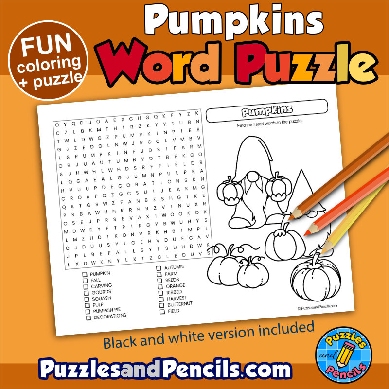 Pumpkin word search puzzle activity page with coloring made by teachers