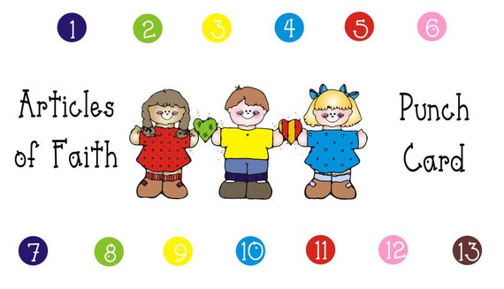 Articles of faith punch card template with cute kids