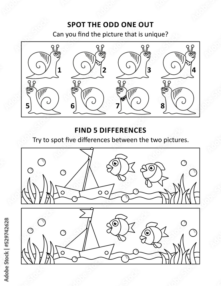 Activity sheet for kids with two visual puzzles also can be used as coloring page printable fit letter or a paper illustration