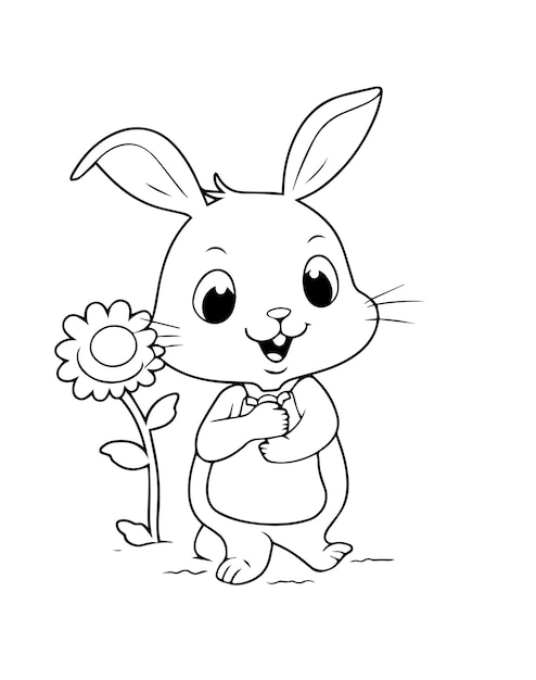 Premium vector coloring page outline of cartoon cute little rabbit with big flower printable kids activity