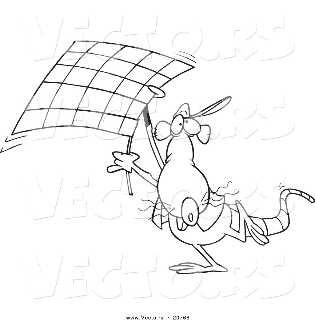 R of a cartoon rat carrying a checkered flag