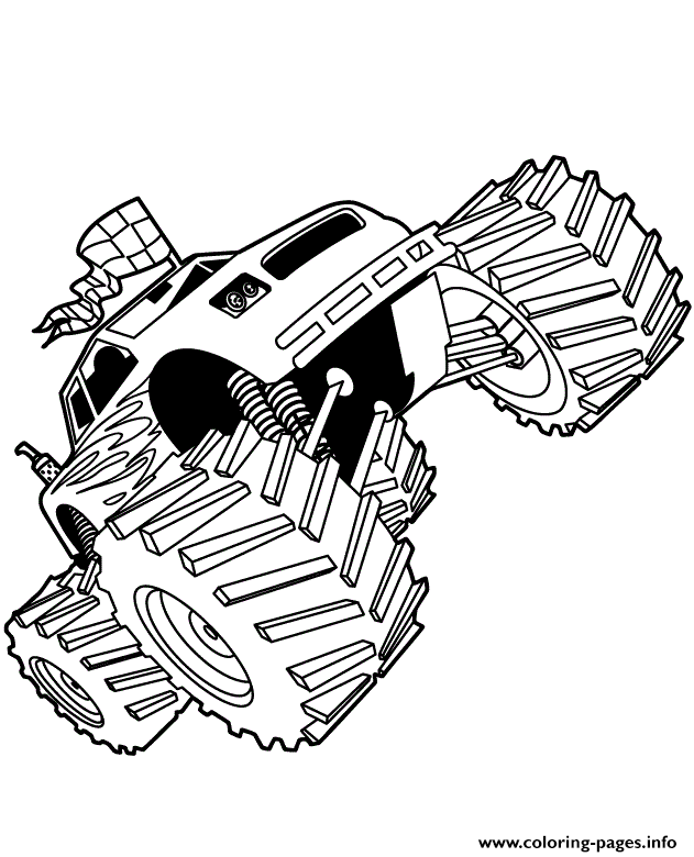 Monster jam monster truck with racing flag coloring page printable