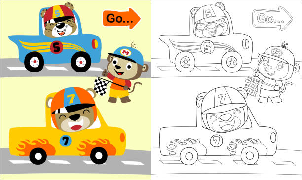 Coloring book or page with funny animals car race cartoon monkey holding finish flag bear and tiger on race car stock illustration