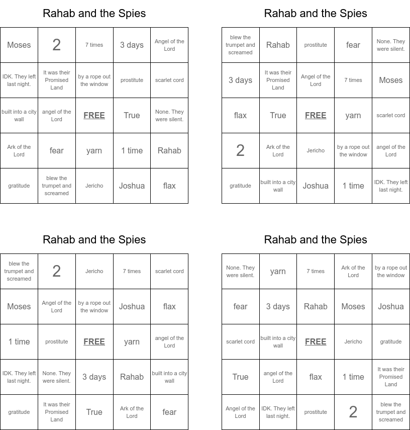 Rahab and the spies bingo cards