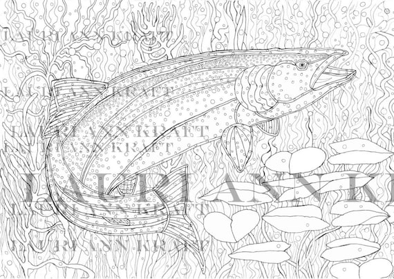 Wyoming wildlife rainbow trout fish outdoors nature printable adult coloring book page instant download zentangle pdf kraft color meditation