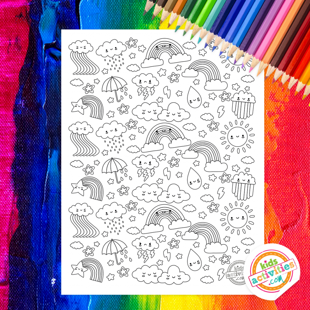 Download the cutest rainbow doodle coloring page