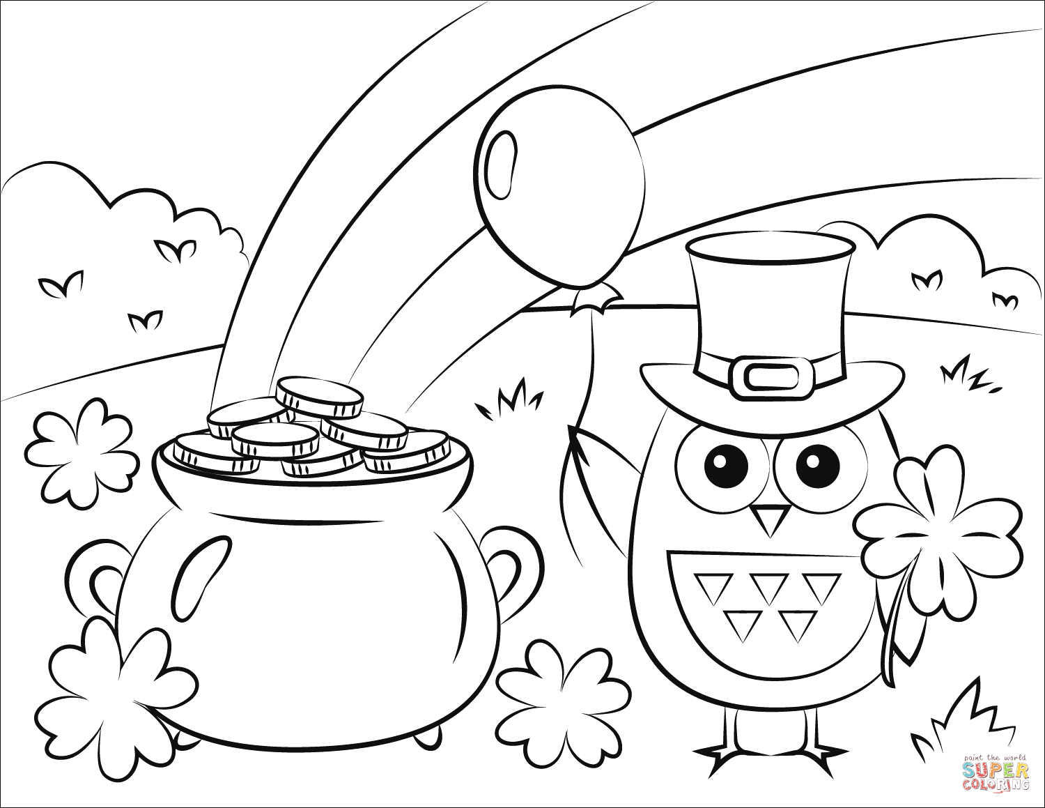 Pot of gold rainbow and st patricks day owl coloring page free printable coloring pages