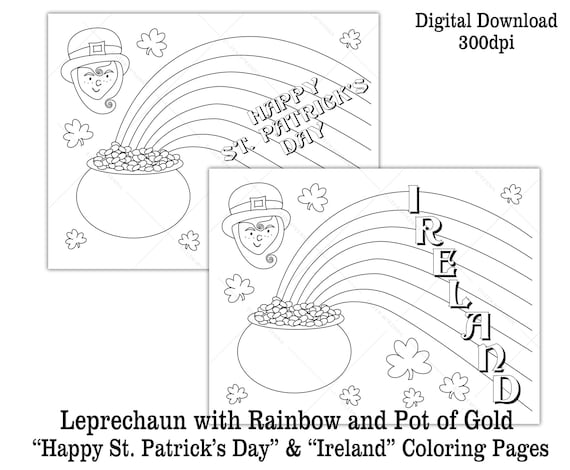 Printable leprechaun st patricks day coloring page kids class activity rainbow pot of gold digital download black and white worksheet
