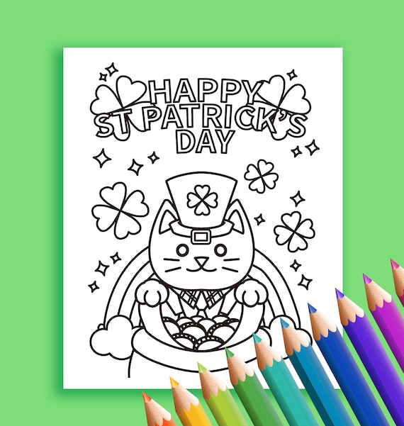 Printable saint patricks day coloring page rainbow pot of gold clover children craft school black outline picture