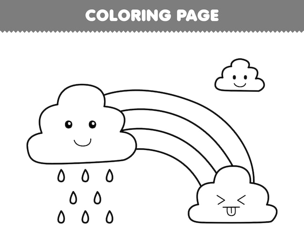 Premium vector education game for children coloring page of cute cartoon rainbow and cloud with rain line art printable nature worksheet