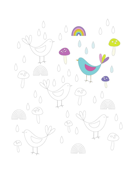 Bird coloring page rainbow mushroom rain spring coloring sheet printable pdf easter cute animal april showers bring may flowers