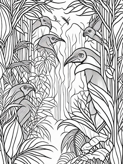 Premium vector explore the rainforest printable rainforest adventure coloring page