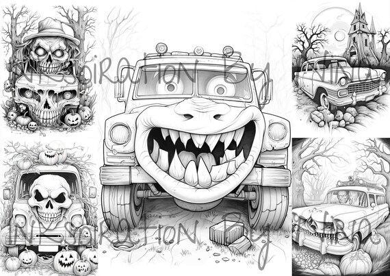 Scary halloween cars coloring book greyscale adult kids detailed spooky theme colouring page a sheet printable digital pdf download instant download