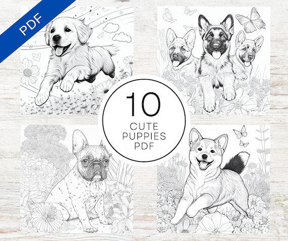 Cute happy puppies coloring book pages printable pdf a x adult realistic coloring pages various dog species instant download