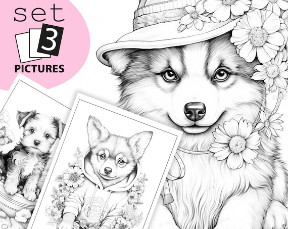 Puppies coloring pages for kids printable colouring pages book set pictures instant download grayscale illustration jpg