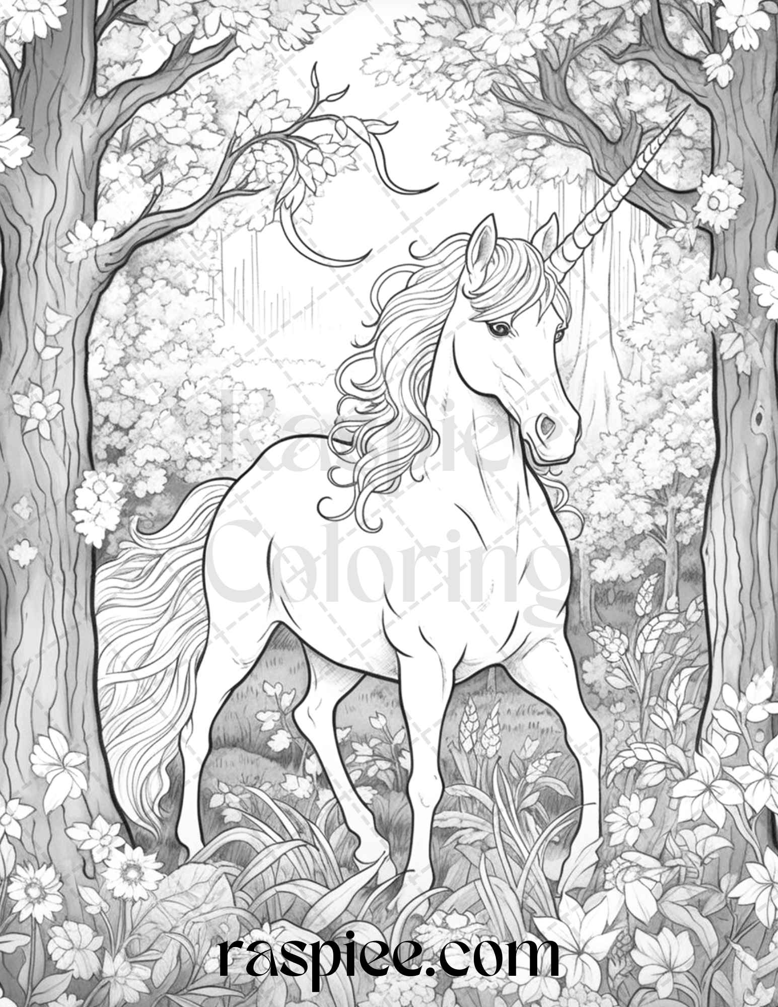 Enchanted unicorns grayscale coloring pages printable for adults p â coloring