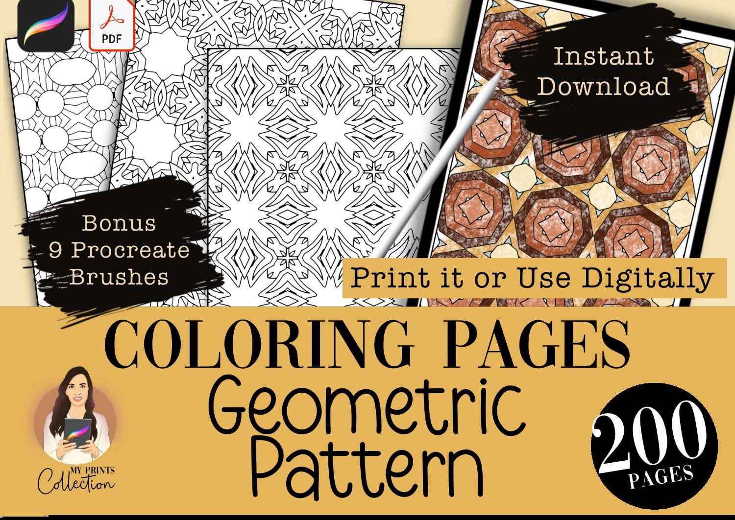 Geometric pattern coloring pages procreate printable zentangle square rectangle