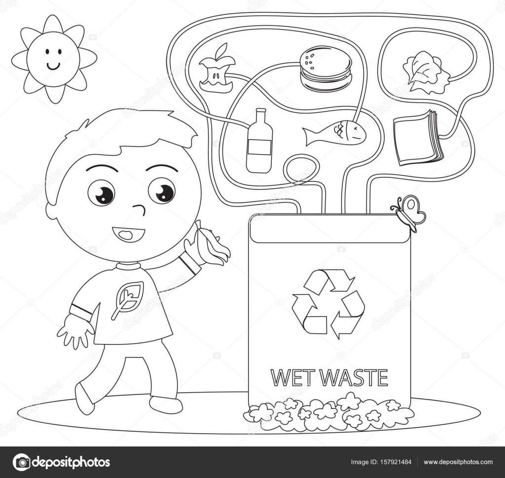 Wet waste recycling coloring game stock vector by carlacastagno