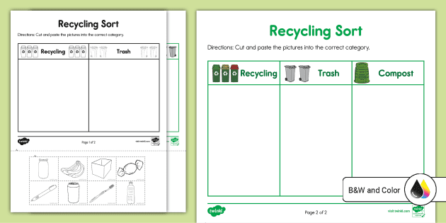 Recycling sort cut and paste activity for k