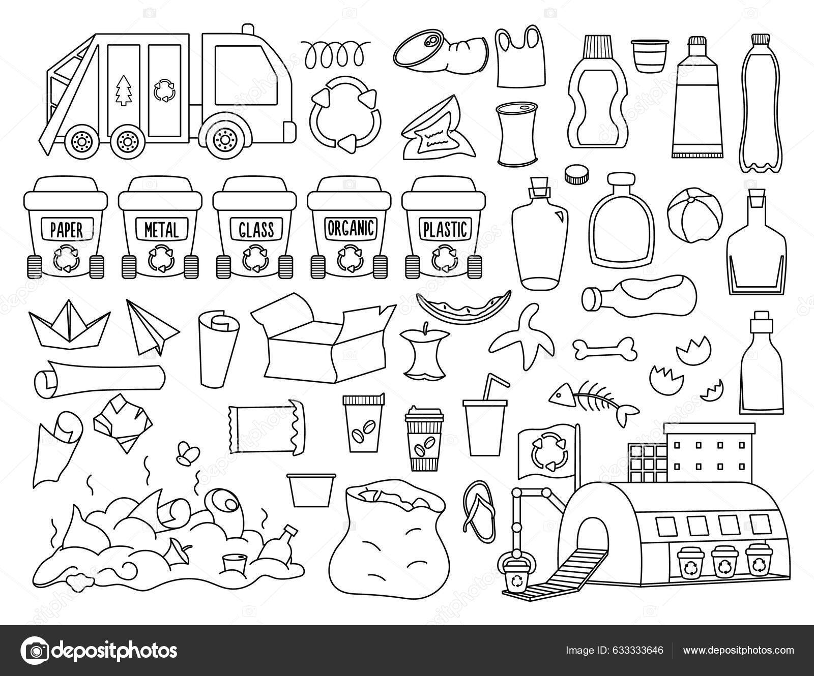 Waste recycling sorting black white collection vector ecological line set stock vector by lexiclaus