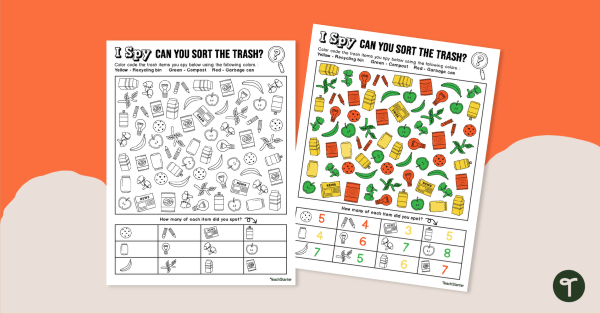 Recycling i spy and sort worksheet teach starter